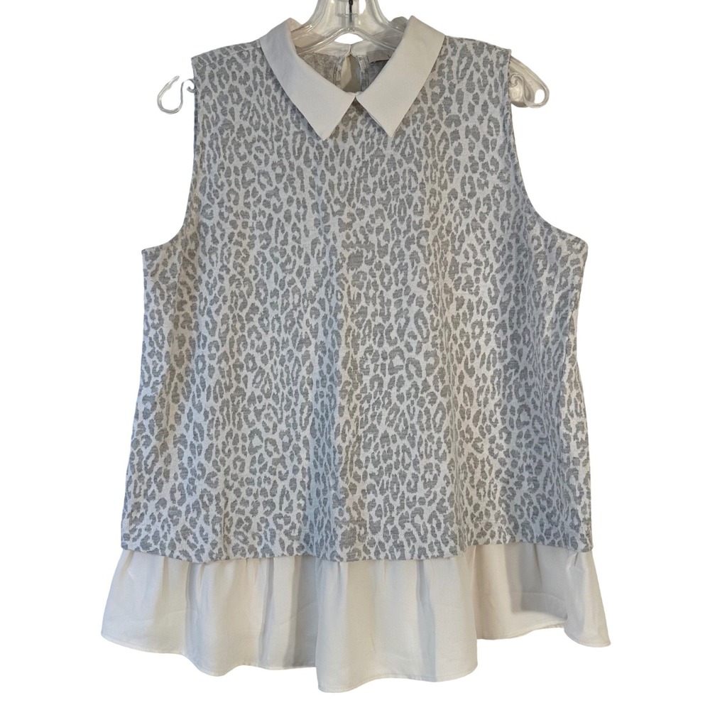 LOFT Womens Grey Leopard Print Mixed Media Sleeveless Top Peter Pan Collar L